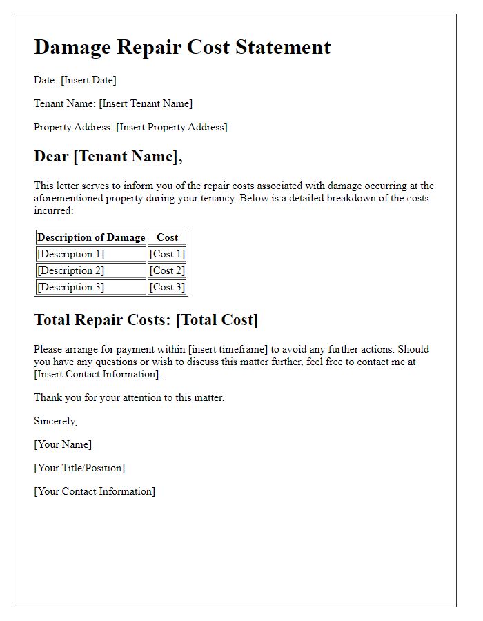 Letter template of damage repair cost statement for tenants