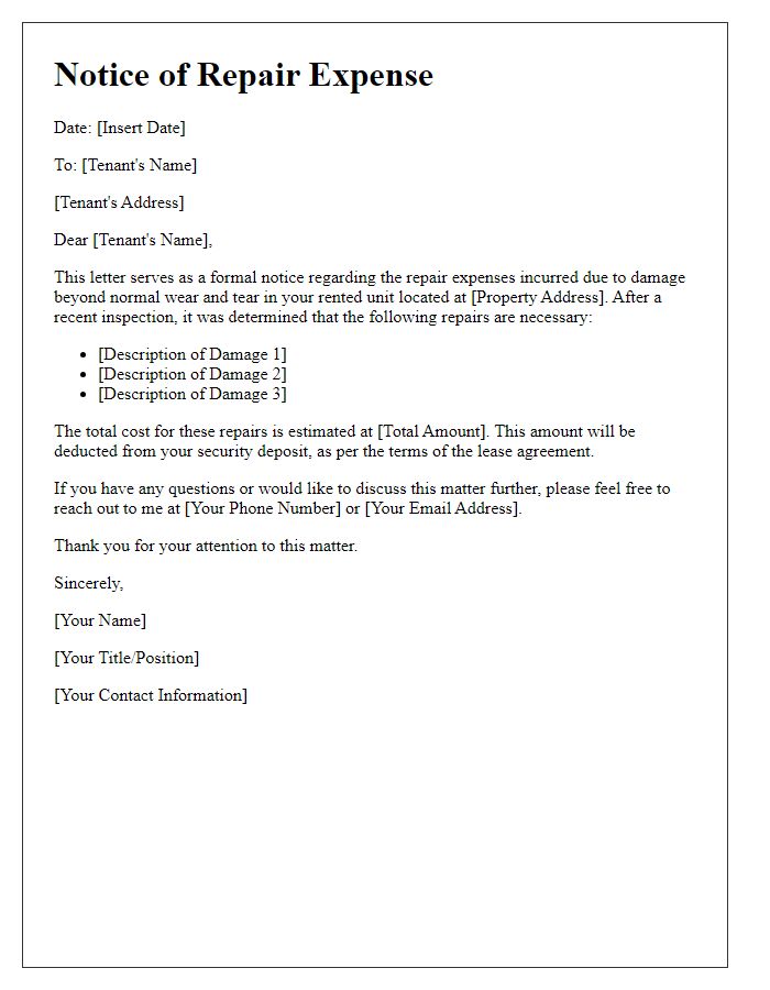 Letter template of notice for tenant damage repair expense