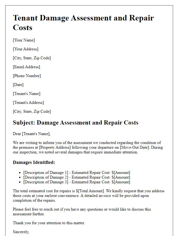 Letter template of tenant damage assessment and repair costs