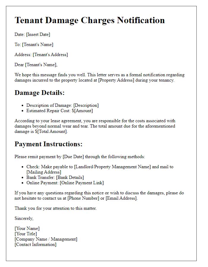 Letter template of tenant damage charges and payment instructions