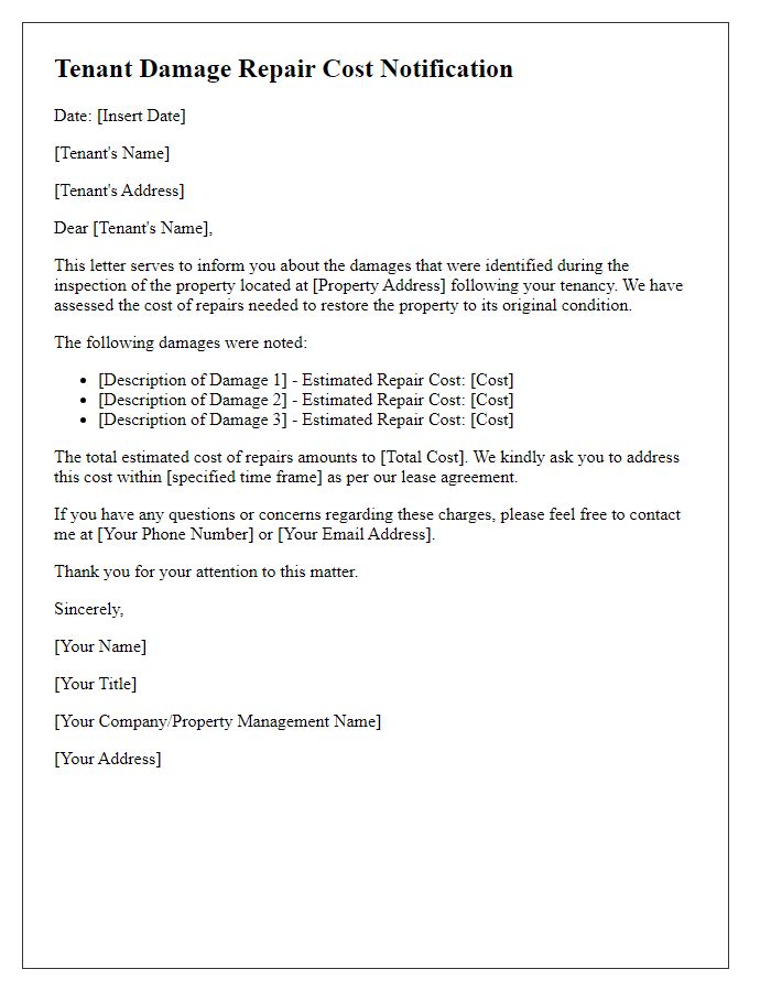 Letter template of tenant damage repair cost notification