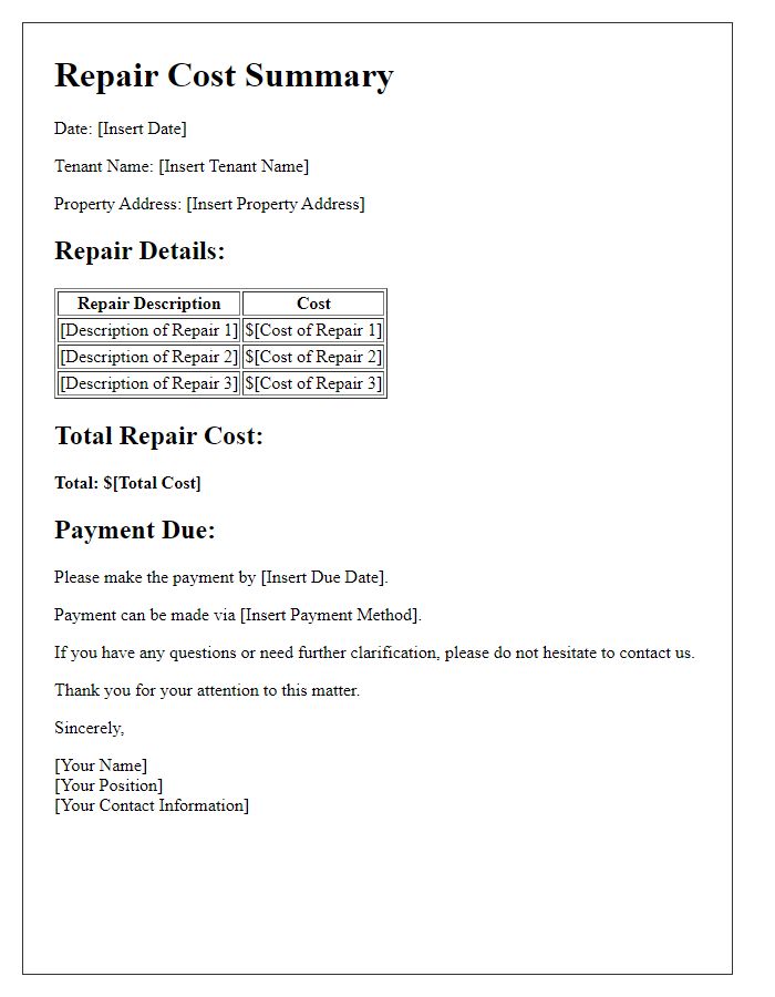 Letter template of tenant repair cost summary and payment due