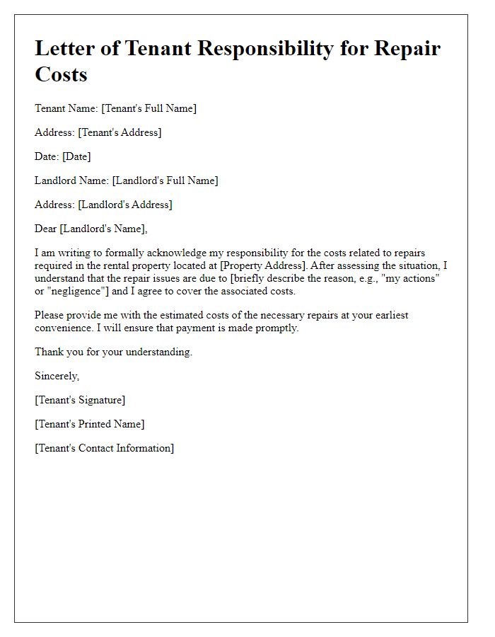 Letter template of tenant responsibility for repair costs