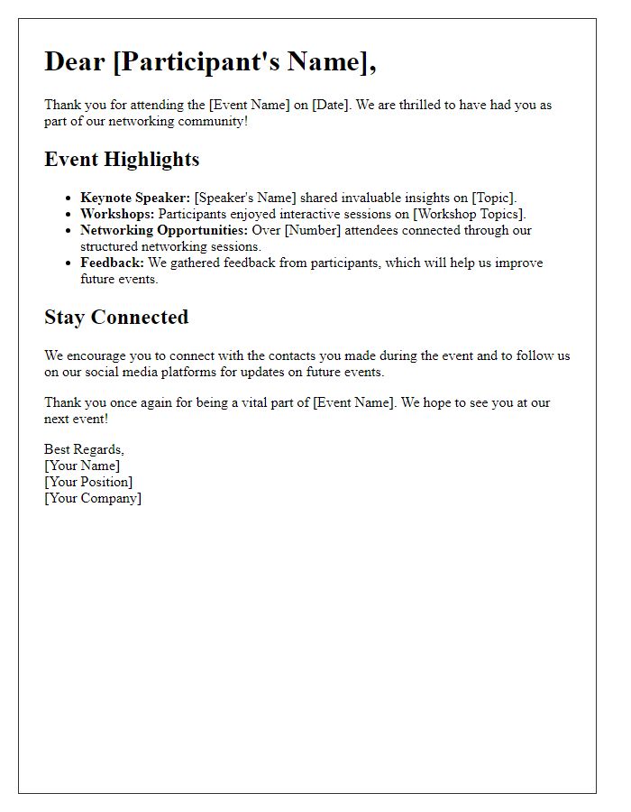 Letter template of event highlights for business networking participants