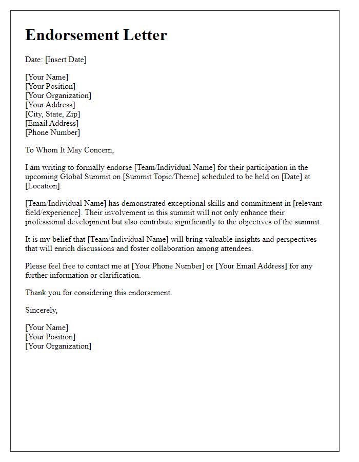 Letter template of endorsement for team participation in the global summit