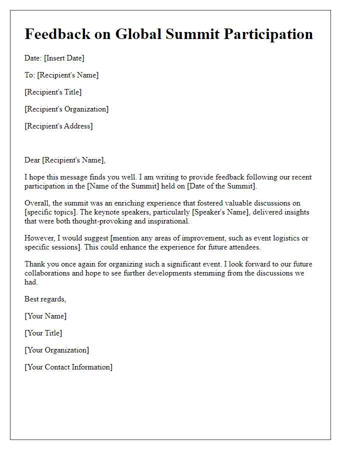 Letter template of feedback post-global summit participation