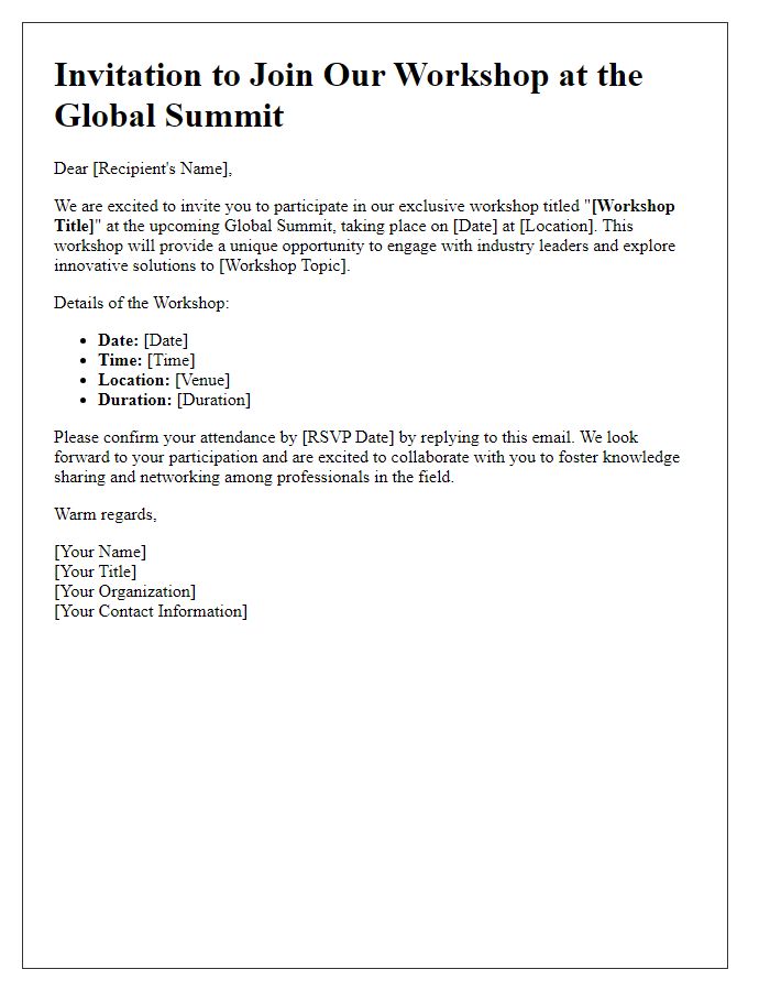 Letter template of invitation to join a workshop at the global summit