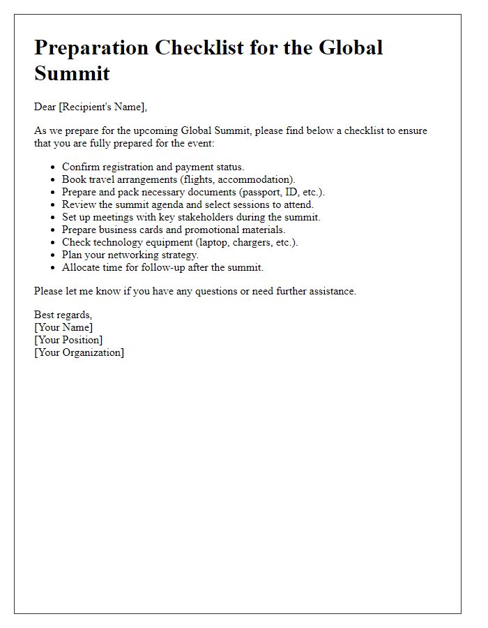 Letter template of preparation checklist for attending the global summit