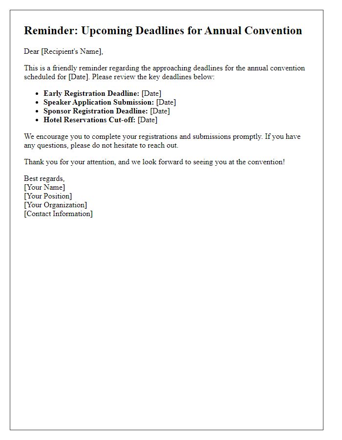 Letter template of reminder for annual convention deadlines