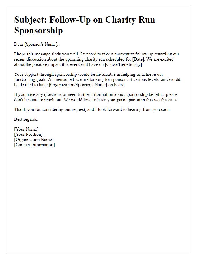 Letter template of follow-up for charity run sponsorship