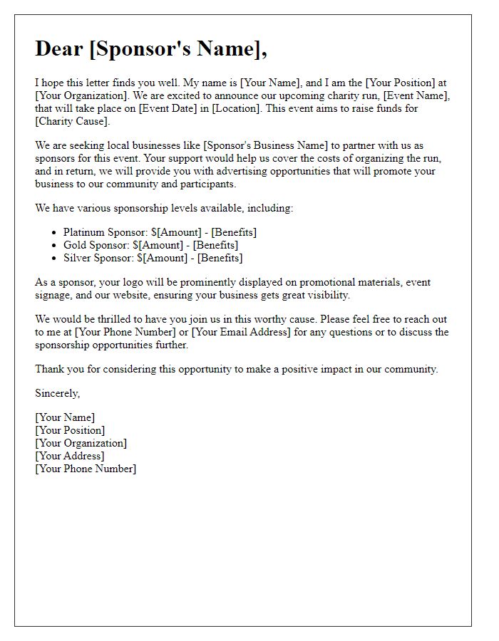 Letter template of local business sponsorship for charity run