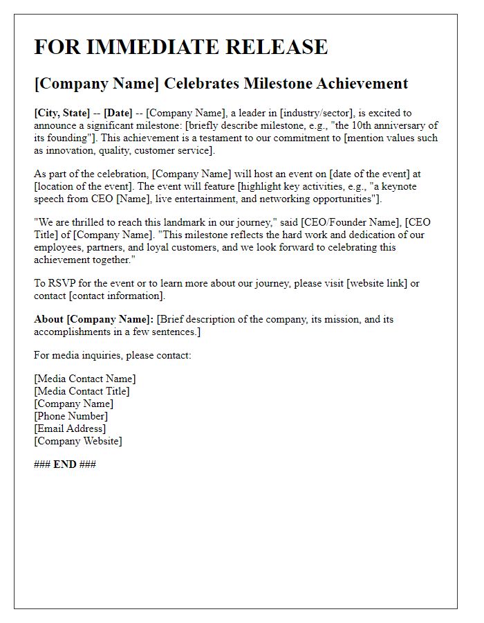 Letter template of company milestone celebration press release