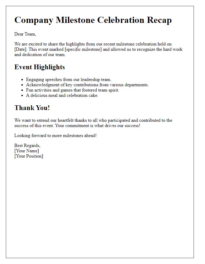 Letter template of company milestone celebration recap