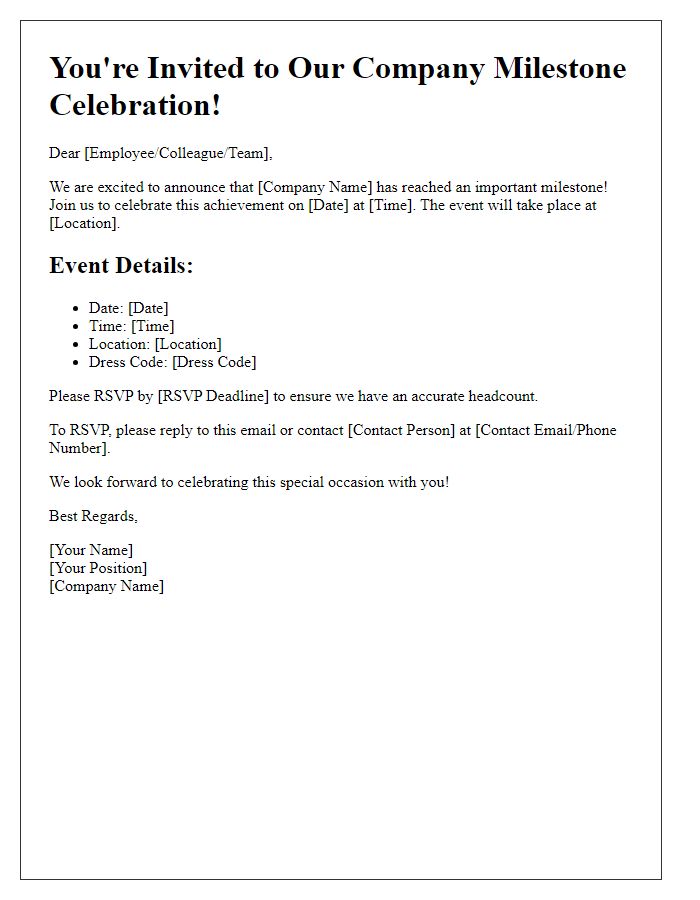 Letter template of company milestone celebration RSVP