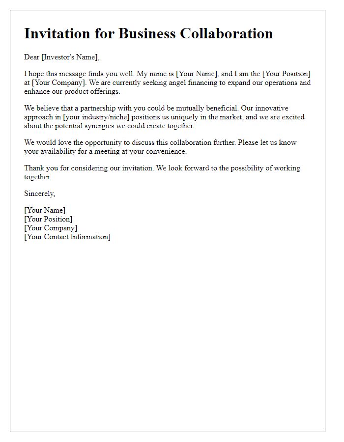 Letter template of business collaboration invitation for angel financing