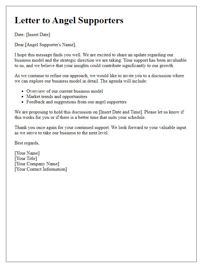 Letter template of business model discussion for angel supporters