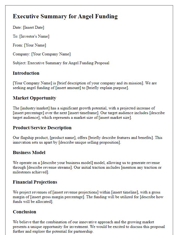 Letter template of executive summary for angel funding