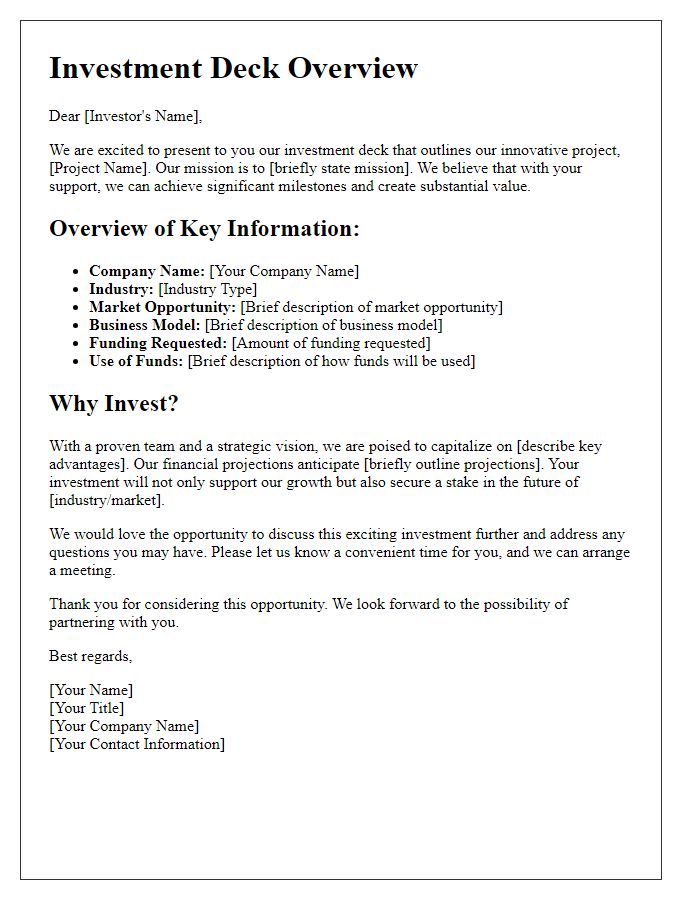 Letter template of investment deck overview for angel investors