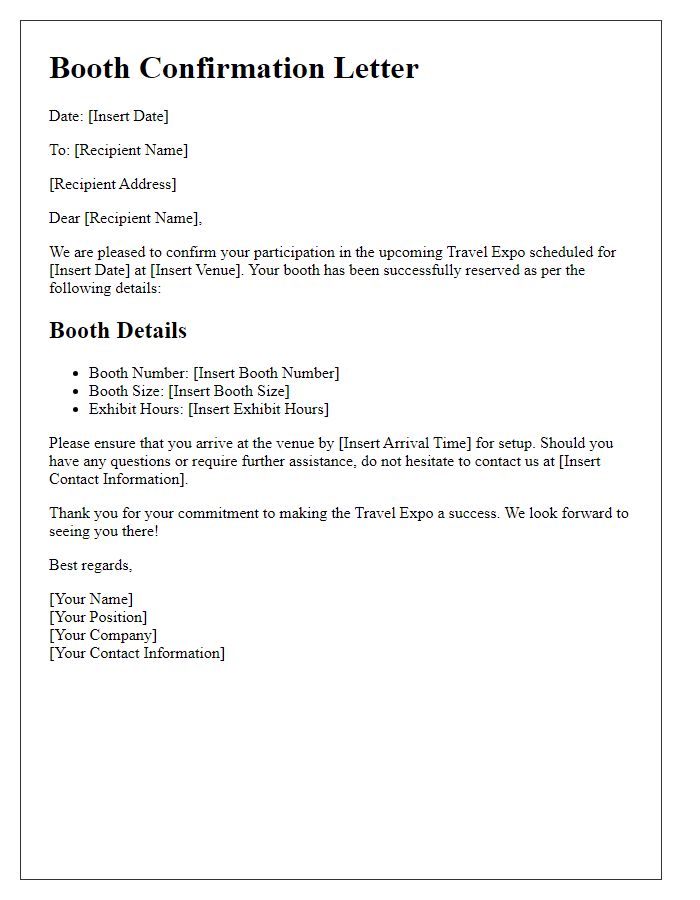 Letter template of confirmation for travel expo booth