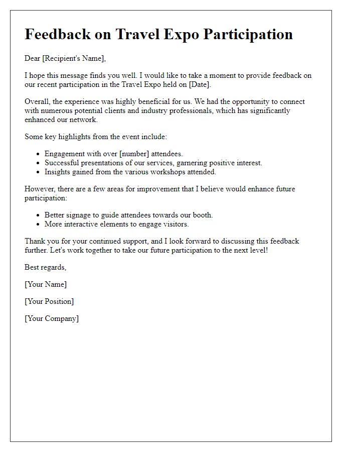 Letter template of feedback after travel expo participation