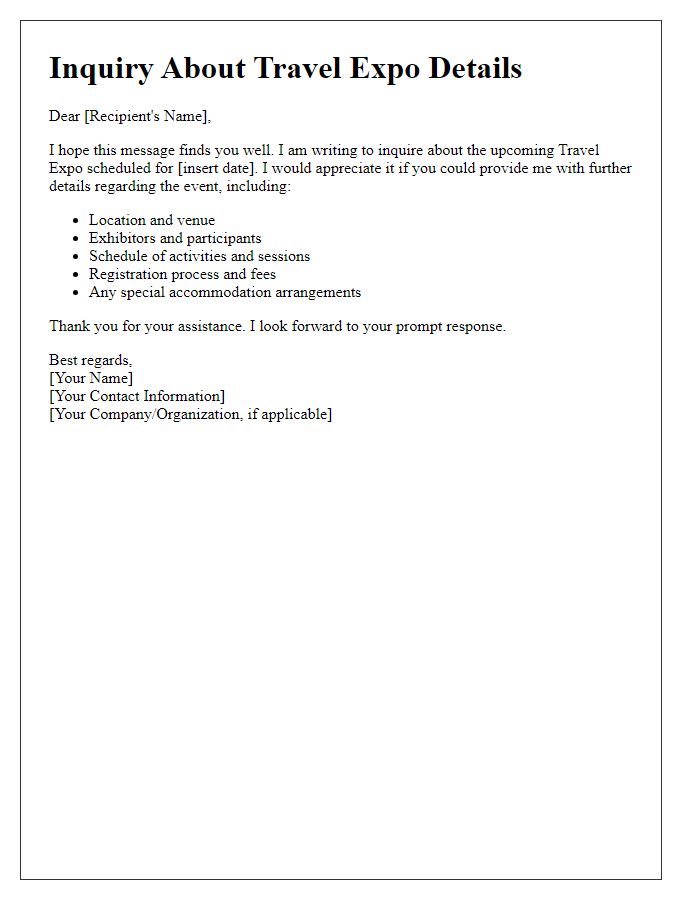 Letter template of inquiry about travel expo details