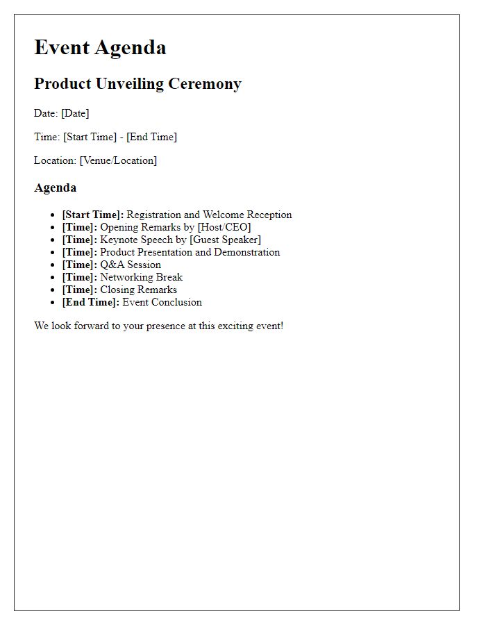 Letter template of event agenda for product unveiling ceremony