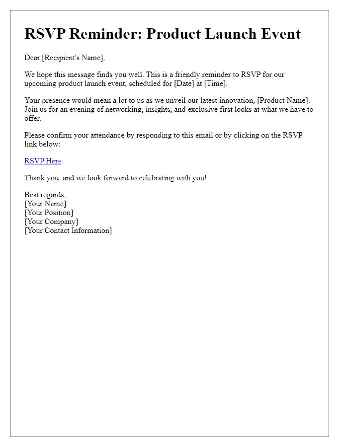 Letter template of RSVP reminder for product launch event