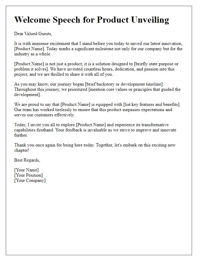 Letter template of speech for product unveiling event