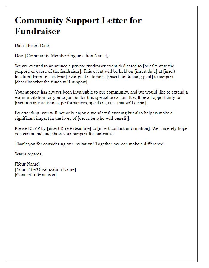 Letter template of community support for private fundraiser invitation