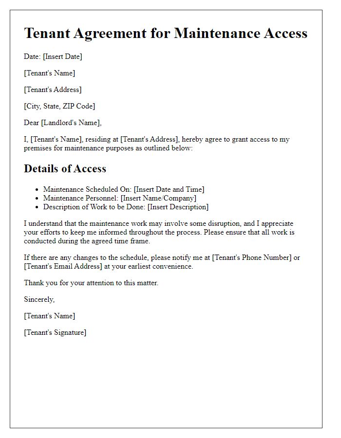 Letter template of tenant agreement for maintenance access