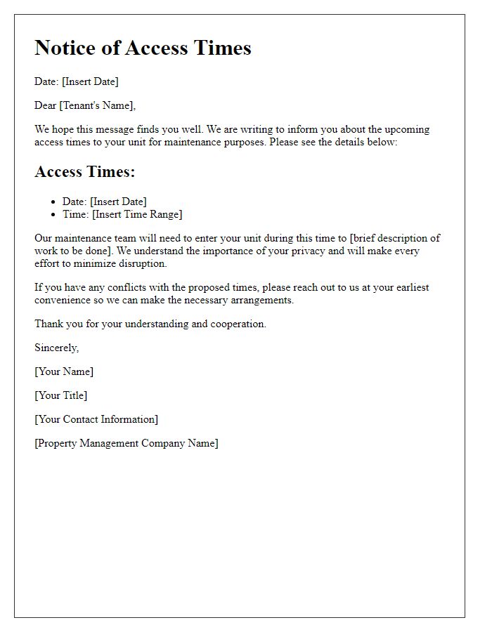 Letter template of tenant communication regarding access times