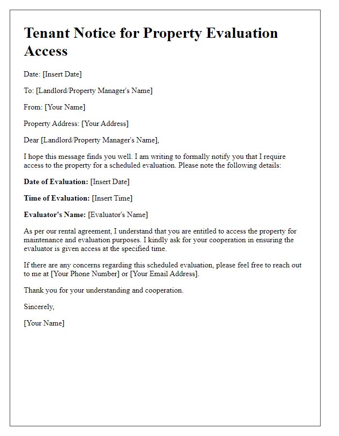 Letter template of tenant notice for property evaluation access