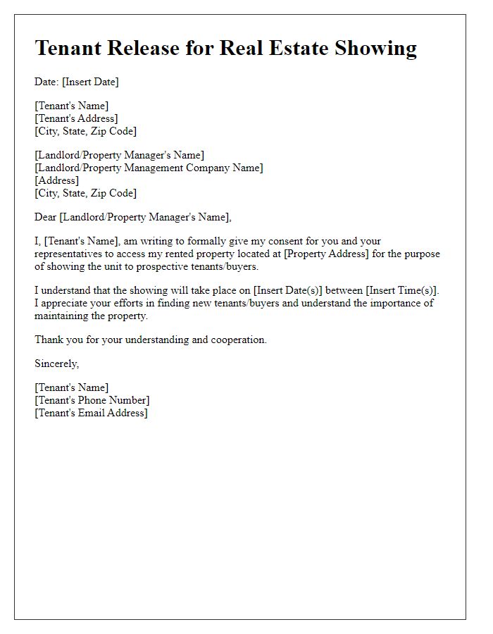 Letter template of tenant release for real estate showing access