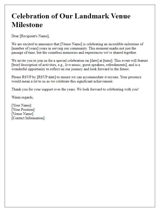 Letter template of celebration for landmark venue milestone.