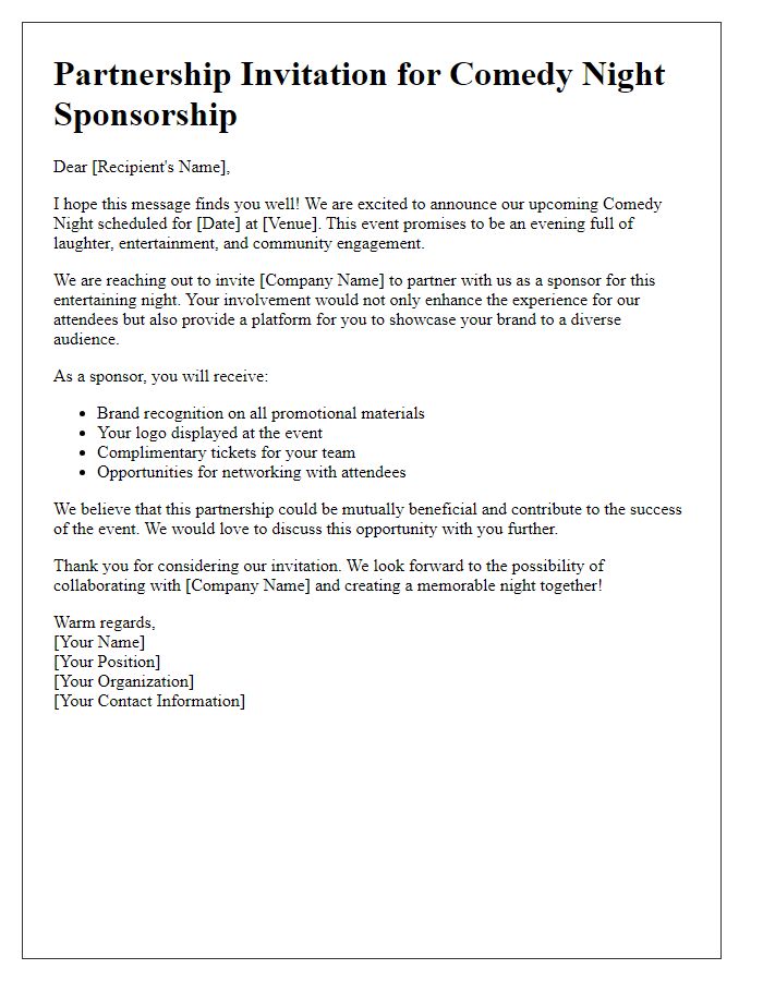 Letter template of partnership invitation for comedy night sponsorship