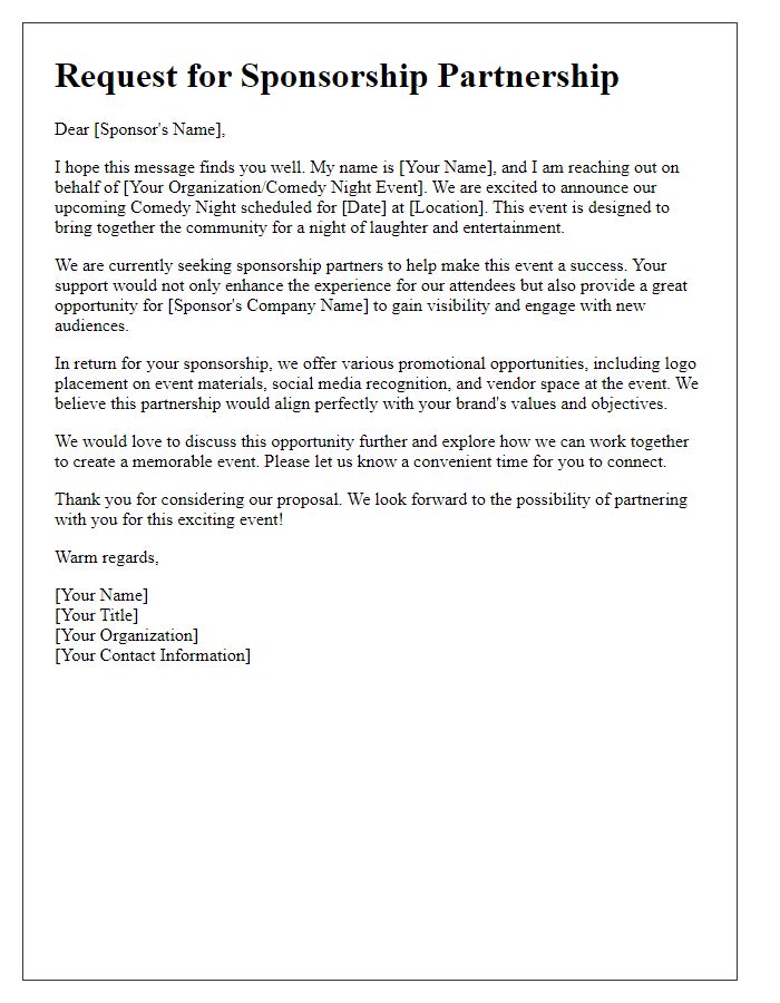 Letter template of request for comedy night sponsorship partnership