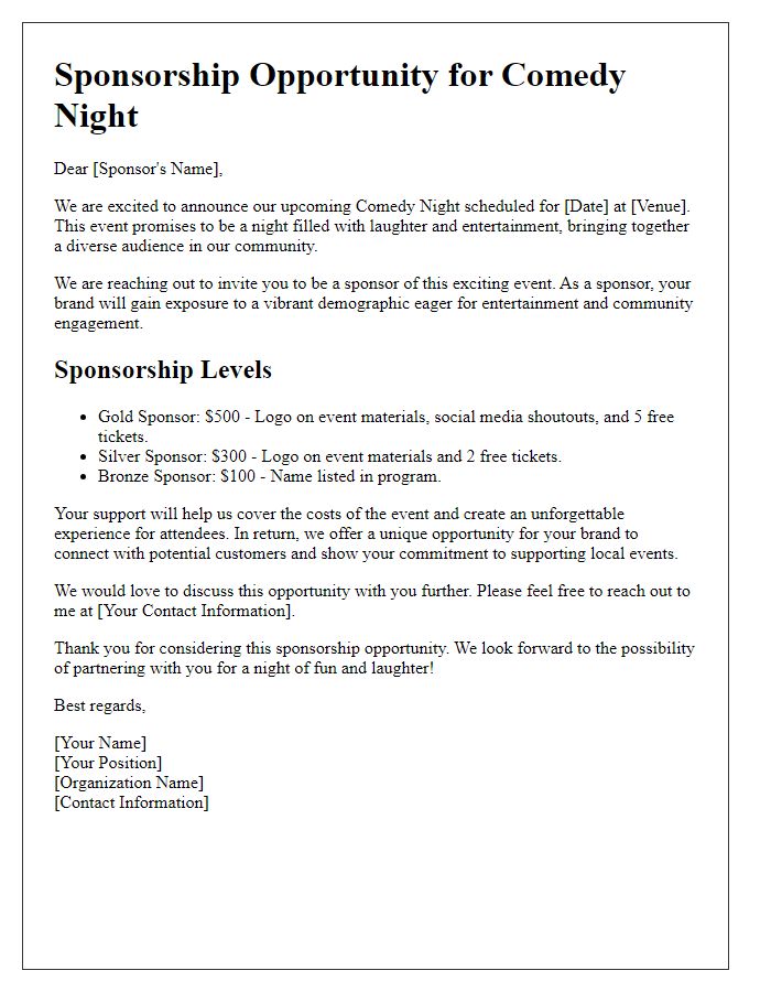 Letter template of sponsorship opportunity for comedy night