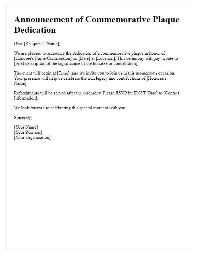 Letter template of announcement for commemorative plaque dedication