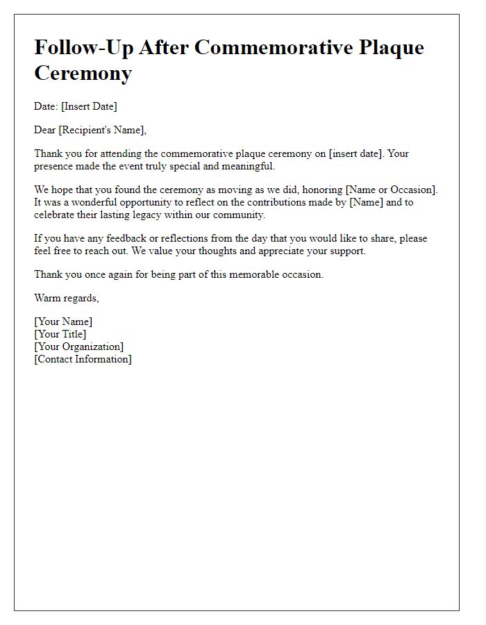 Letter template of follow-up after commemorative plaque ceremony