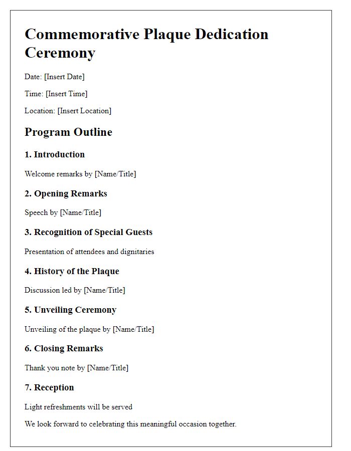 Letter template of program outline for commemorative plaque dedication