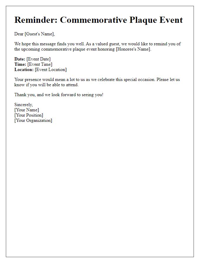 Letter template of reminder for guests attending commemorative plaque event