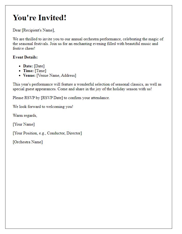 Letter template of orchestra performance invitation for seasonal festivals