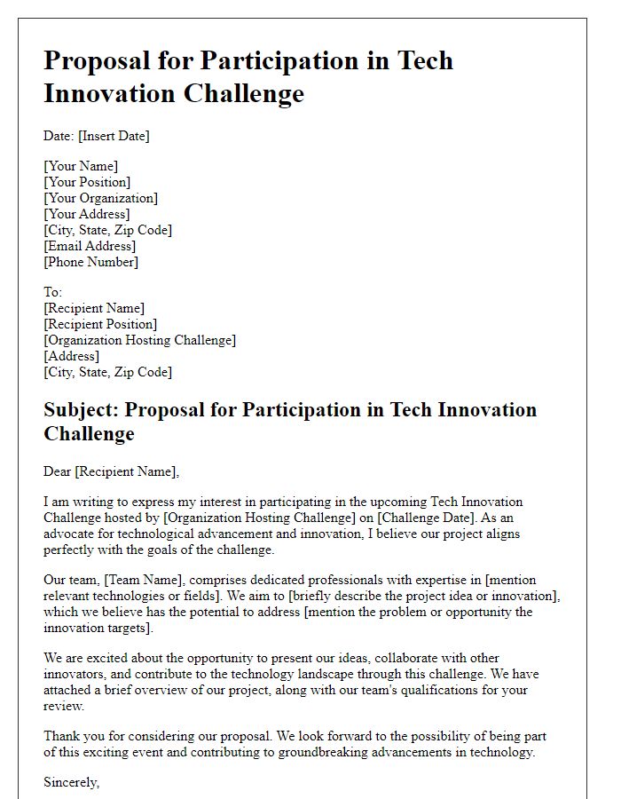 Letter template of proposal for tech innovation challenge participation