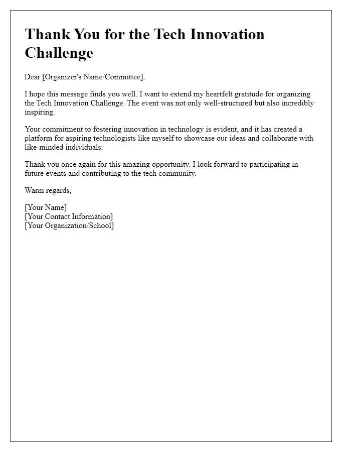 Letter template of thank you for tech innovation challenge organizers