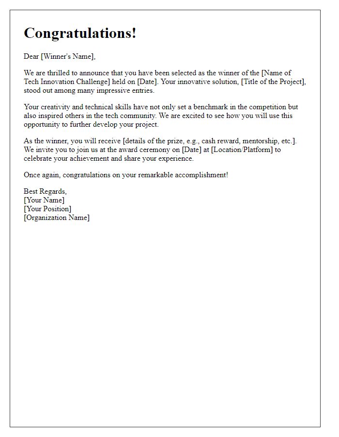 Letter template of winner announcement for tech innovation challenge