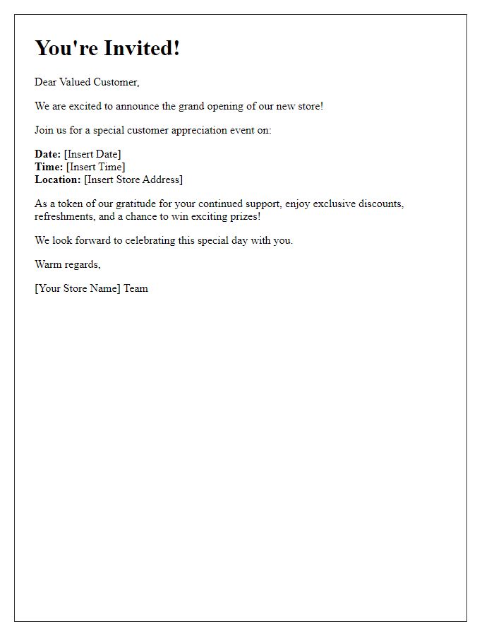 Letter template of customer appreciation invitation for the store launch.