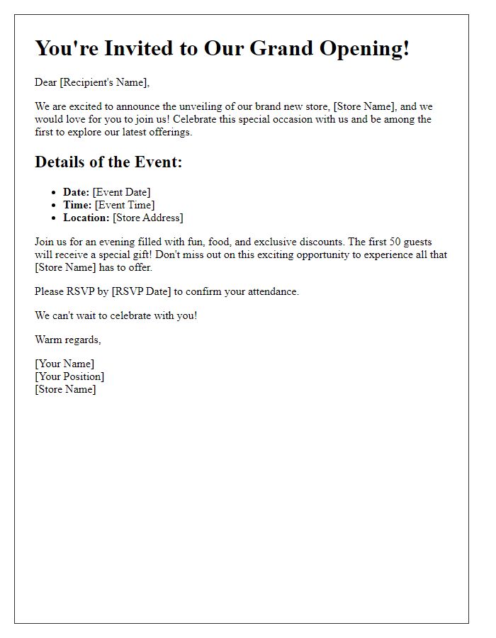 Letter template of promotional invitation for the new store unveiling.