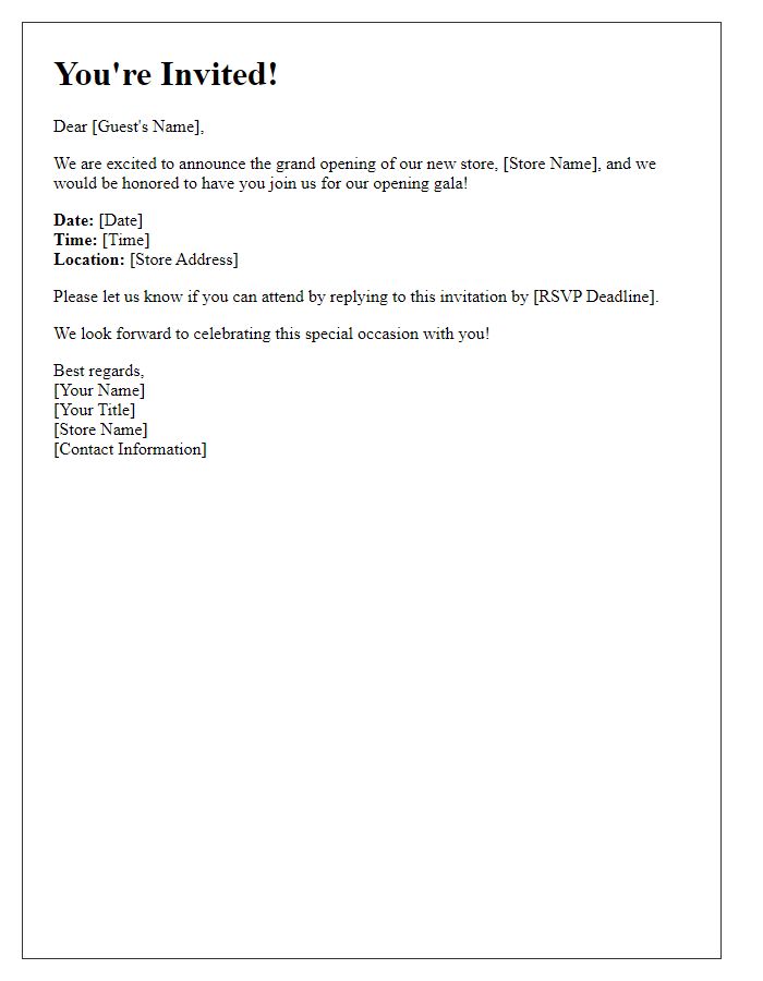 Letter template of RSVP request for our store opening gala.