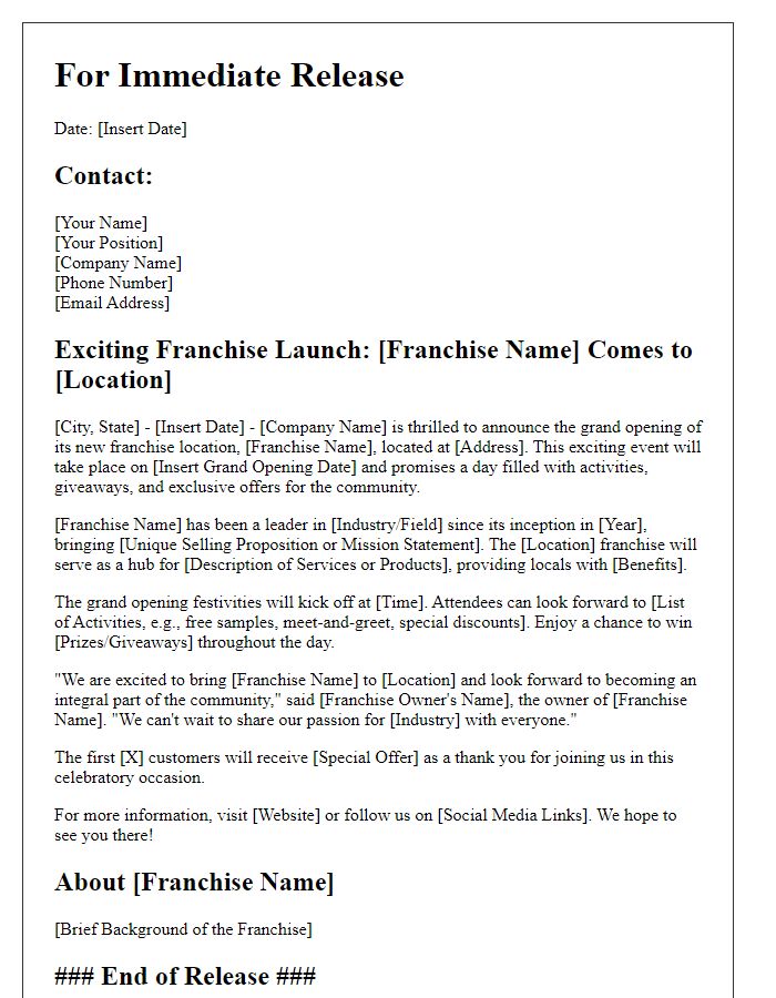 Letter template of media release for franchise launch occasion