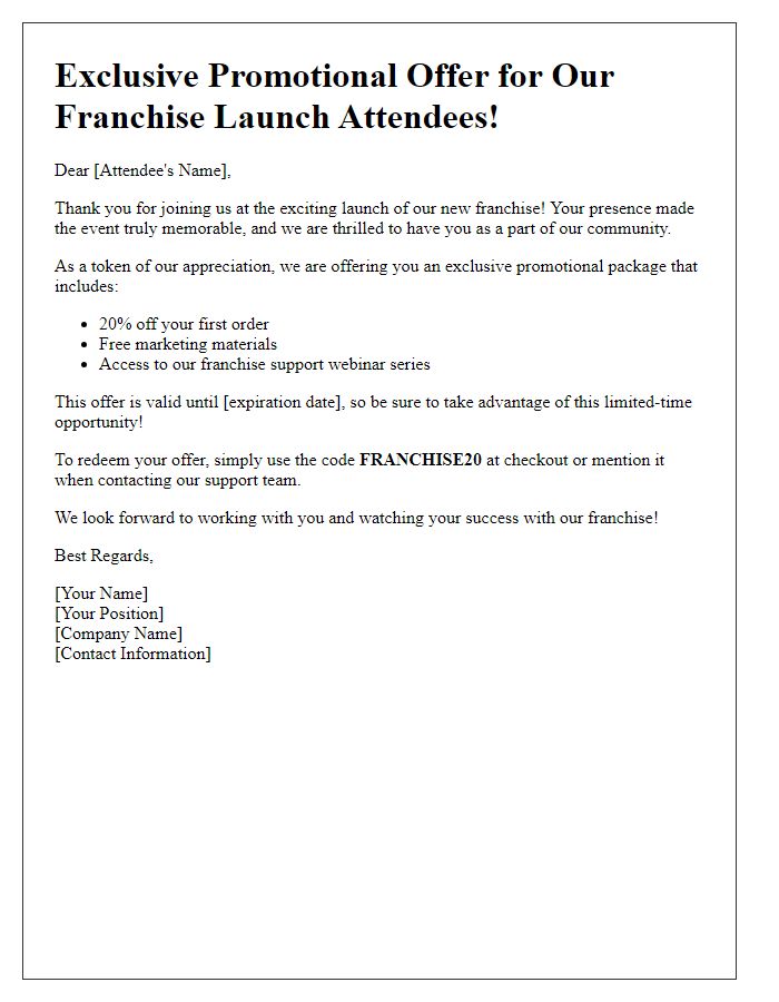 Letter template of promotional offer for franchise launch attendees